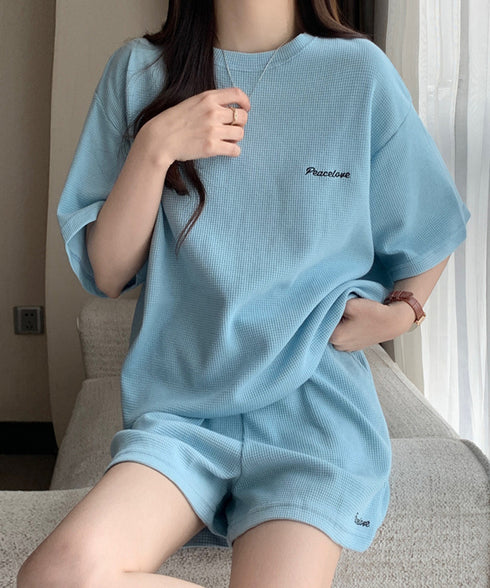 半袖tシャツ ショートパンツセットアップ レディース ワッフル部屋着2点セット 体型カバー夏服着やせ 大人カジュアルスウェットセット ロゴカットソー 短パン 快適 6YYG-006