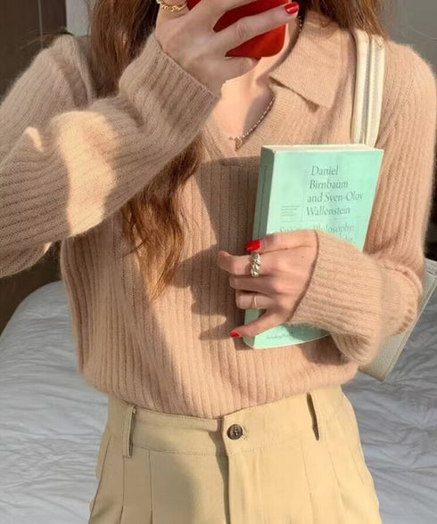 スキッパーニット韓国風リブニットトップス 暖かい Vネックニットレディースきれいめ おしゃれニット長袖 リブセーターオフィスカジュアル 洗えるニットチクチクしない 6ZMREN-008