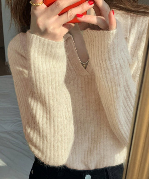 スキッパーニット韓国風リブニットトップス 暖かい Vネックニットレディースきれいめ おしゃれニット長袖 リブセーターオフィスカジュアル 洗えるニットチクチクしない 6ZMREN-008