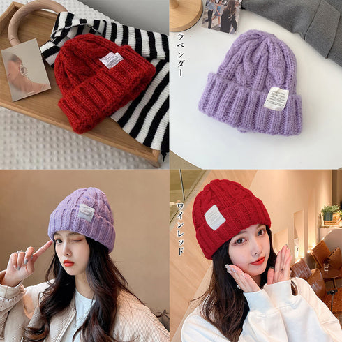 ケーブル編み ニット帽子 レディース秋冬 くさり編み ニットキャップ カラー豊富 ロゴ付きぼうし カジュアル 韓国ファッショ小物 あったか ニットぼうし 全12色 6AIDAI-001
