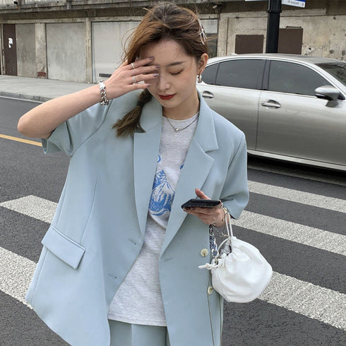 半袖ジャケット ショートパンツ セット夏 レディース 薄手テーラードジャケット 春夏ライトアウター ハーフパンツ セットアップ 韓国アンサンブル 大人カジュアル 6AZNE-001