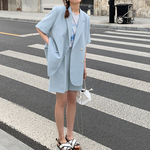 半袖ジャケット ショートパンツ セット夏 レディース 薄手テーラードジャケット 春夏ライトアウター ハーフパンツ セットアップ 韓国アンサンブル 大人カジュアル 6AZNE-001