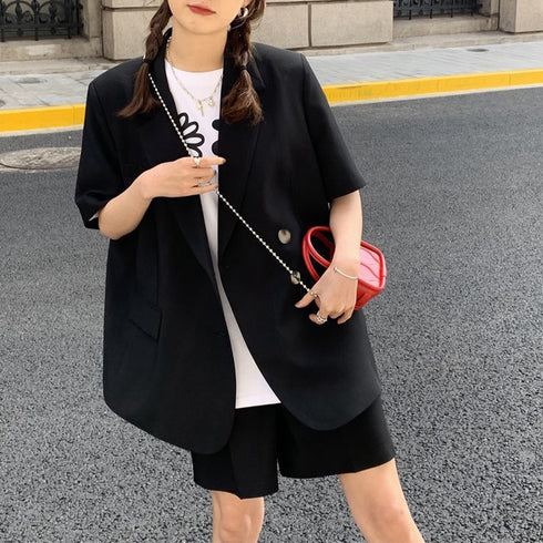 半袖ジャケット ショートパンツ セット夏 レディース 薄手テーラードジャケット 春夏ライトアウター ハーフパンツ セットアップ 韓国アンサンブル 大人カジュアル 6AZNE-001