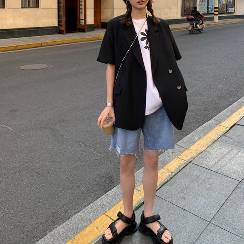 半袖ジャケット ショートパンツ セット夏 レディース 薄手テーラードジャケット 春夏ライトアウター ハーフパンツ セットアップ 韓国アンサンブル 大人カジュアル 6AZNE-001