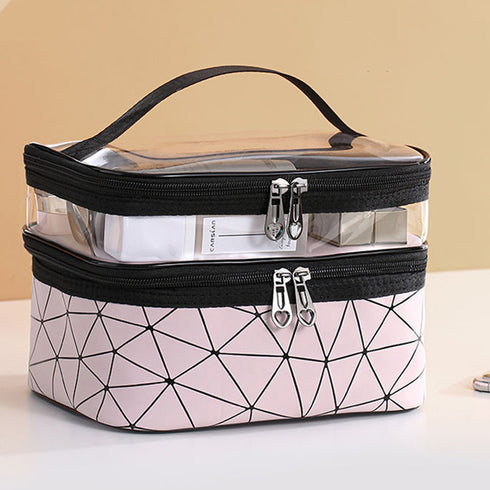 メイクポーチ 大容量 持ち運び収納バッグ 2層構造 化粧ポーチ 小物入れ 旅行お泊りポーチ ブラシポケット付きバニティポーチ 小物入れ トラベルポーチ 持ち手付き 6BYCD-001