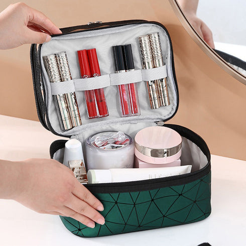 メイクポーチ 大容量 持ち運び収納バッグ 2層構造 化粧ポーチ 小物入れ 旅行お泊りポーチ ブラシポケット付きバニティポーチ 小物入れ トラベルポーチ 持ち手付き 6BYCD-001