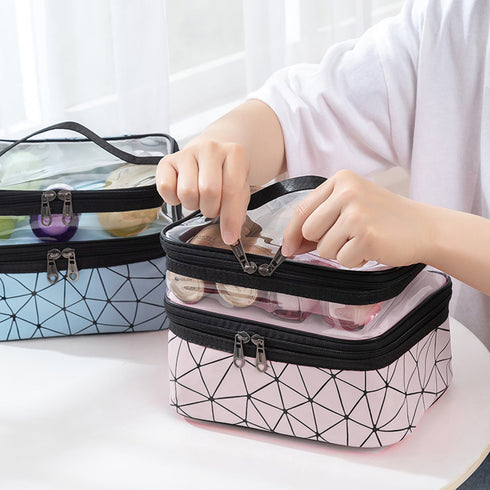 メイクポーチ 大容量 持ち運び収納バッグ 2層構造 化粧ポーチ 小物入れ 旅行お泊りポーチ ブラシポケット付きバニティポーチ 小物入れ トラベルポーチ 持ち手付き 6BYCD-001