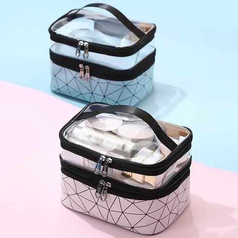 メイクポーチ 大容量 持ち運び収納バッグ 2層構造 化粧ポーチ 小物入れ 旅行お泊りポーチ ブラシポケット付きバニティポーチ 小物入れ トラベルポーチ 持ち手付き 6BYCD-001