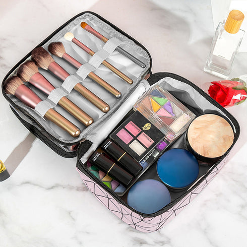 メイクポーチ 大容量 持ち運び収納バッグ 2層構造 化粧ポーチ 小物入れ 旅行お泊りポーチ ブラシポケット付きバニティポーチ 小物入れ トラベルポーチ 持ち手付き 6BYCD-001