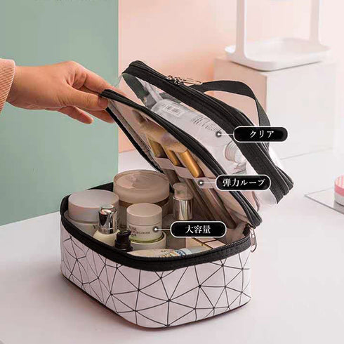 メイクポーチ 大容量 持ち運び収納バッグ 2層構造 化粧ポーチ 小物入れ 旅行お泊りポーチ ブラシポケット付きバニティポーチ 小物入れ トラベルポーチ 持ち手付き 6BYCD-001