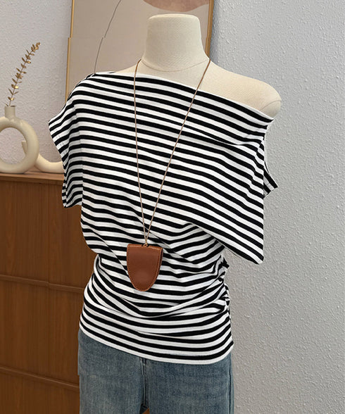オフショルダーカットソー サイドギャザー ワンショルダーtシャツ レディース ボートネック 肩見せTシャツ 薄手夏t 大人カジュアル 半袖夏服 ボーダーtシャツ 6CCFS-002