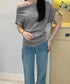 オフショルダーカットソー サイドギャザー ワンショルダーtシャツ レディース ボートネック 肩見せTシャツ 薄手夏t 大人カジュアル 半袖夏服 ボーダーtシャツ 6CCFS-002