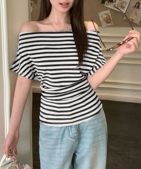 オフショルダーカットソー サイドギャザー ワンショルダーtシャツ レディース ボートネック 肩見せTシャツ 薄手夏t 大人カジュアル 半袖夏服 ボーダーtシャツ 6CCFS-002