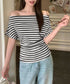 オフショルダーカットソー サイドギャザー ワンショルダーtシャツ レディース ボートネック 肩見せTシャツ 薄手夏t 大人カジュアル 半袖夏服 ボーダーtシャツ 6CCFS-002