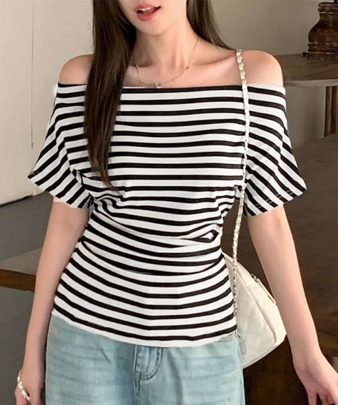 オフショルダーカットソー サイドギャザー ワンショルダーtシャツ レディース ボートネック 肩見せTシャツ 薄手夏t 大人カジュアル 半袖夏服 ボーダーtシャツ 6CCFS-002