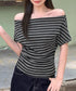 オフショルダーカットソー サイドギャザー ワンショルダーtシャツ レディース ボートネック 肩見せTシャツ 薄手夏t 大人カジュアル 半袖夏服 ボーダーtシャツ 6CCFS-002