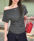 オフショルダーカットソー サイドギャザー ワンショルダーtシャツ レディース ボートネック 肩見せTシャツ 薄手夏t 大人カジュアル 半袖夏服 ボーダーtシャツ 6CCFS-002