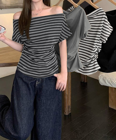 オフショルダーカットソー サイドギャザー ワンショルダーtシャツ レディース ボートネック 肩見せTシャツ 薄手夏t 大人カジュアル 半袖夏服 ボーダーtシャツ 6CCFS-002