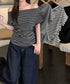 オフショルダーカットソー サイドギャザー ワンショルダーtシャツ レディース ボートネック 肩見せTシャツ 薄手夏t 大人カジュアル 半袖夏服 ボーダーtシャツ 6CCFS-002