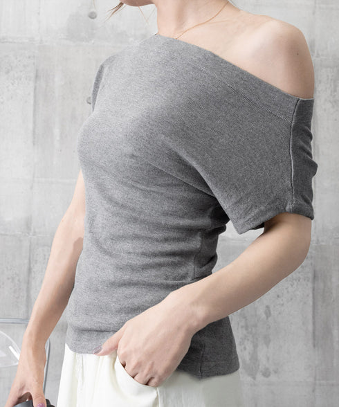 オフショルダーカットソー サイドギャザー ワンショルダーtシャツ レディース ボートネック 肩見せTシャツ 薄手夏t 大人カジュアル 半袖夏服 ボーダーtシャツ 6CCFS-002