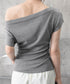 オフショルダーカットソー サイドギャザー ワンショルダーtシャツ レディース ボートネック 肩見せTシャツ 薄手夏t 大人カジュアル 半袖夏服 ボーダーtシャツ 6CCFS-002