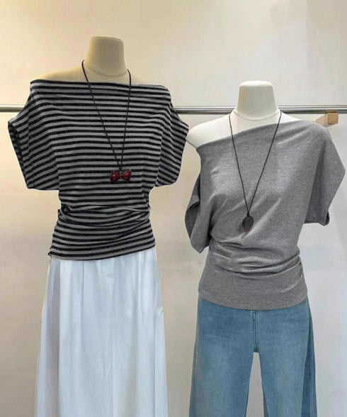 オフショルダーカットソー サイドギャザー ワンショルダーtシャツ レディース ボートネック 肩見せTシャツ 薄手夏t 大人カジュアル 半袖夏服 ボーダーtシャツ 6CCFS-002