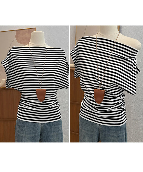 オフショルダーカットソー サイドギャザー ワンショルダーtシャツ レディース ボートネック 肩見せTシャツ 薄手夏t 大人カジュアル 半袖夏服 ボーダーtシャツ 6CCFS-002