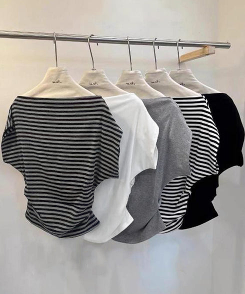 オフショルダーカットソー サイドギャザー ワンショルダーtシャツ レディース ボートネック 肩見せTシャツ 薄手夏t 大人カジュアル 半袖夏服 ボーダーtシャツ 6CCFS-002