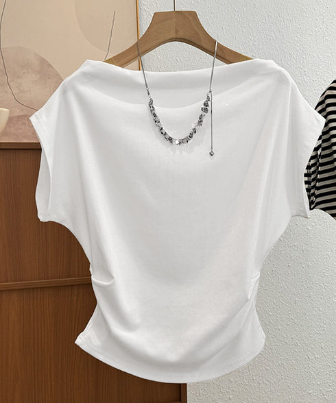 オフショルダーカットソー サイドギャザー ワンショルダーtシャツ レディース ボートネック 肩見せTシャツ 薄手夏t 大人カジュアル 半袖夏服 ボーダーtシャツ 6CCFS-002