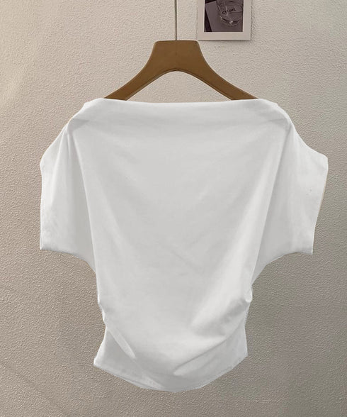 オフショルダーカットソー サイドギャザー ワンショルダーtシャツ レディース ボートネック 肩見せTシャツ 薄手夏t 大人カジュアル 半袖夏服 ボーダーtシャツ 6CCFS-002
