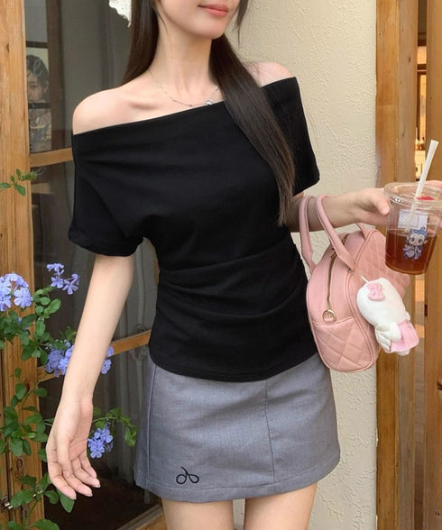 オフショルダーカットソー サイドギャザー ワンショルダーtシャツ レディース ボートネック 肩見せTシャツ 薄手夏t 大人カジュアル 半袖夏服 ボーダーtシャツ 6CCFS-002