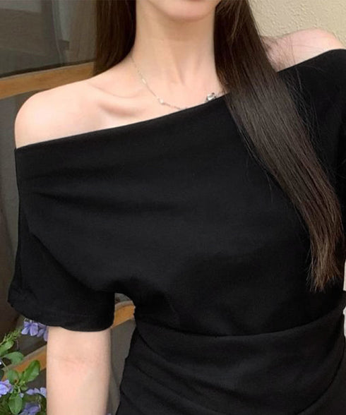 オフショルダーカットソー サイドギャザー ワンショルダーtシャツ レディース ボートネック 肩見せTシャツ 薄手夏t 大人カジュアル 半袖夏服 ボーダーtシャツ 6CCFS-002