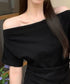 オフショルダーカットソー サイドギャザー ワンショルダーtシャツ レディース ボートネック 肩見せTシャツ 薄手夏t 大人カジュアル 半袖夏服 ボーダーtシャツ 6CCFS-002