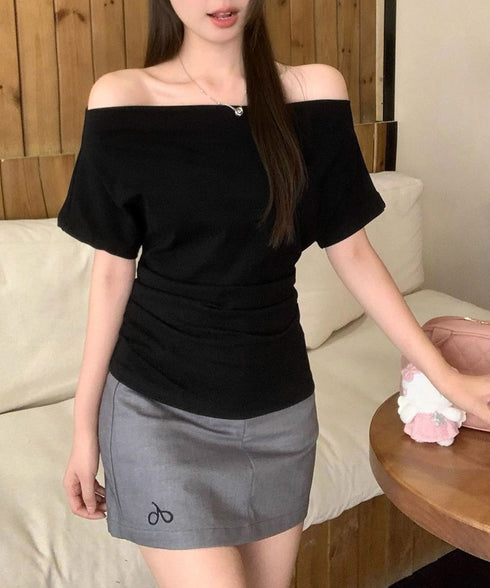 オフショルダーカットソー サイドギャザー ワンショルダーtシャツ レディース ボートネック 肩見せTシャツ 薄手夏t 大人カジュアル 半袖夏服 ボーダーtシャツ 6CCFS-002