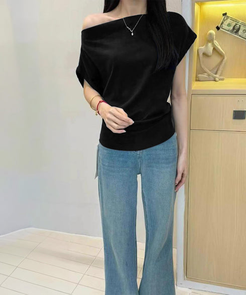 オフショルダーカットソー サイドギャザー ワンショルダーtシャツ レディース ボートネック 肩見せTシャツ 薄手夏t 大人カジュアル 半袖夏服 ボーダーtシャツ 6CCFS-002