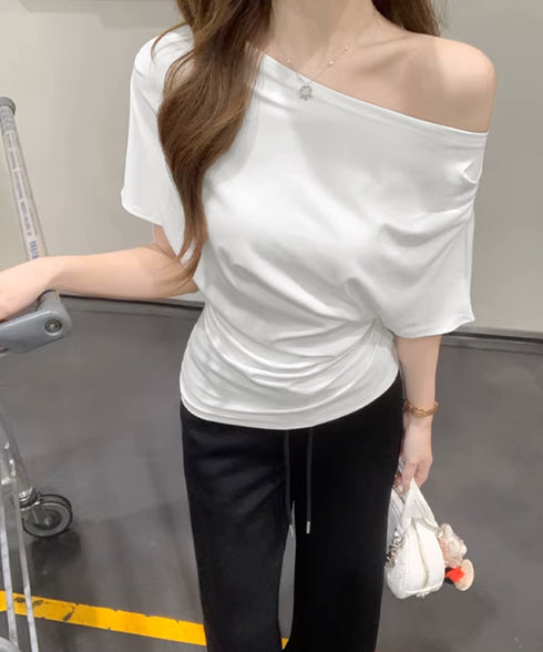 オフショルダーカットソー サイドギャザー ワンショルダーtシャツ レディース ボートネック 肩見せTシャツ 薄手夏t 大人カジュアル 半袖夏服 ボーダーtシャツ 6CCFS-002