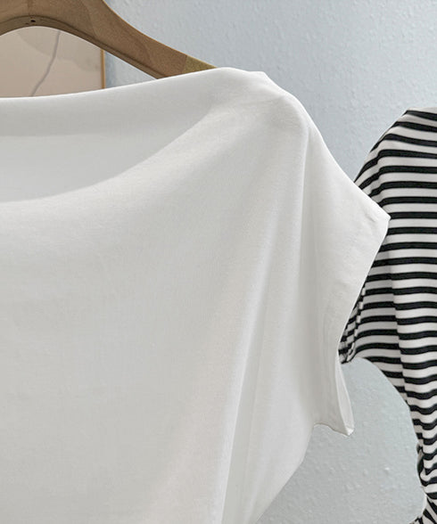 オフショルダーカットソー サイドギャザー ワンショルダーtシャツ レディース ボートネック 肩見せTシャツ 薄手夏t 大人カジュアル 半袖夏服 ボーダーtシャツ 6CCFS-002