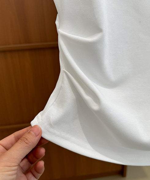 オフショルダーカットソー サイドギャザー ワンショルダーtシャツ レディース ボートネック 肩見せTシャツ 薄手夏t 大人カジュアル 半袖夏服 ボーダーtシャツ 6CCFS-002