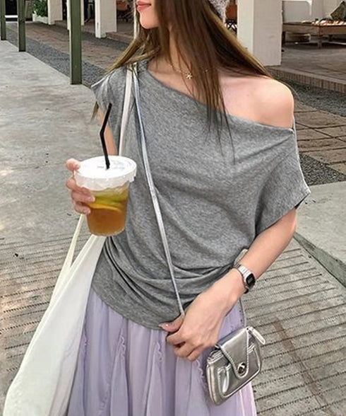 オフショルダーカットソー サイドギャザー ワンショルダーtシャツ レディース ボートネック 肩見せTシャツ 薄手夏t 大人カジュアル 半袖夏服 ボーダーtシャツ 6CCFS-002