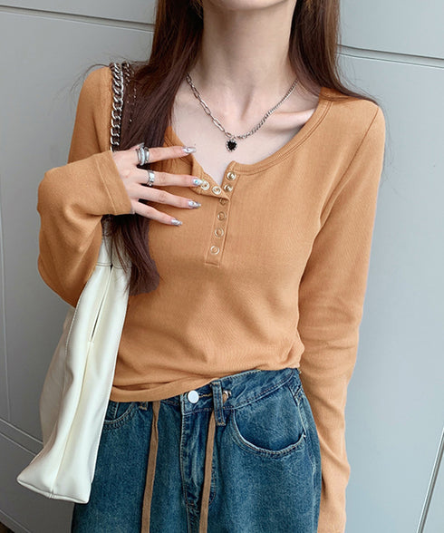 カップ付きリブニットトップス暖かインナー ヘンリーネック 長袖カットソー レディース パッド入りインナートップス 秋冬重ね着保温インナー肌着 大人カジュア 韓国風 6CHUNCHUN-001