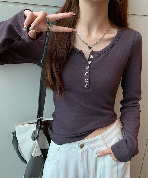 カップ付きリブニットトップス暖かインナー ヘンリーネック 長袖カットソー レディース パッド入りインナートップス 秋冬重ね着保温インナー肌着 大人カジュア 韓国風 6CHUNCHUN-001