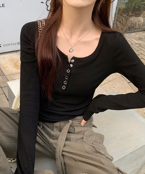 カップ付きリブニットトップス暖かインナー ヘンリーネック 長袖カットソー レディース パッド入りインナートップス 秋冬重ね着保温インナー肌着 大人カジュア 韓国風 6CHUNCHUN-001