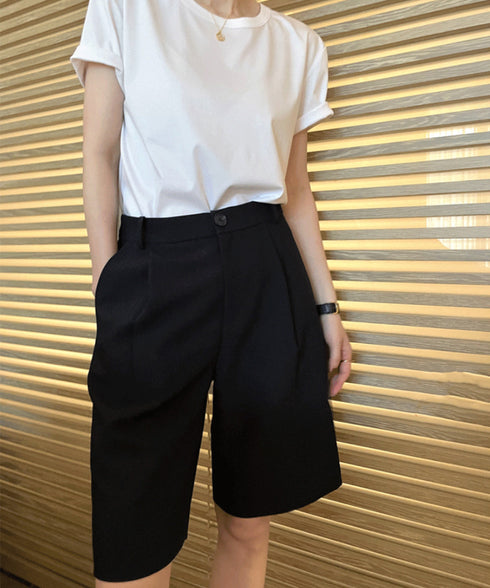 タックショートパンツ ハイウエスト 美脚 5分丈 ショートパンツ レディース Aラインパンツ 着やせ半ズボン ゆったり体型カバー脚長ショーパン 20代30代40代 6CXINI-011