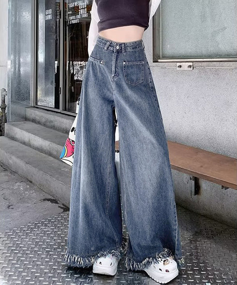 ワイドデニムパンツ 裾フリンジ ジーパン レディース ハイウエストロングパンツ 体形カバー 美脚脚長ボトムス 韓国風ジーンズ カジュアル レトロデニムバギーパンツ 6DAKUANG-002
