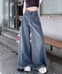 ワイドデニムパンツ 裾フリンジ ジーパン レディース ハイウエストロングパンツ 体形カバー 美脚脚長ボトムス 韓国風ジーンズ カジュアル レトロデニムバギーパンツ 6DAKUANG-002