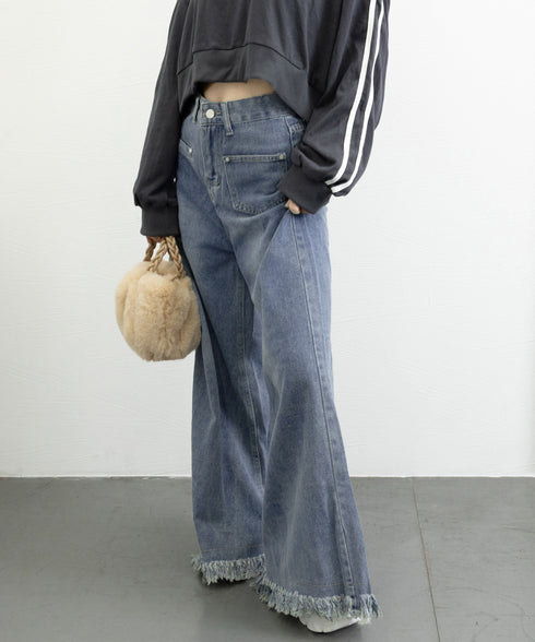 ワイドデニムパンツ 裾フリンジ ジーパン レディース ハイウエストロングパンツ 体形カバー 美脚脚長ボトムス 韓国風ジーンズ カジュアル レトロデニムバギーパンツ 6DAKUANG-002