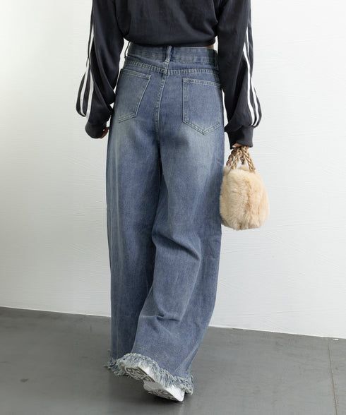 ワイドデニムパンツ 裾フリンジ ジーパン レディース ハイウエストロングパンツ 体形カバー 美脚脚長ボトムス 韓国風ジーンズ カジュアル レトロデニムバギーパンツ 6DAKUANG-002