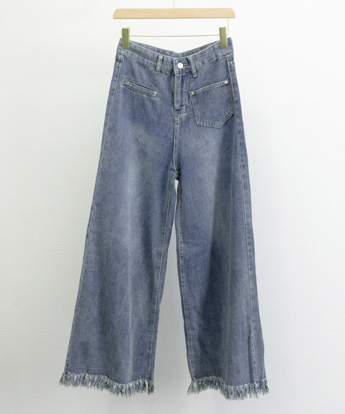 ワイドデニムパンツ 裾フリンジ ジーパン レディース ハイウエストロングパンツ 体形カバー 美脚脚長ボトムス 韓国風ジーンズ カジュアル レトロデニムバギーパンツ 6DAKUANG-002