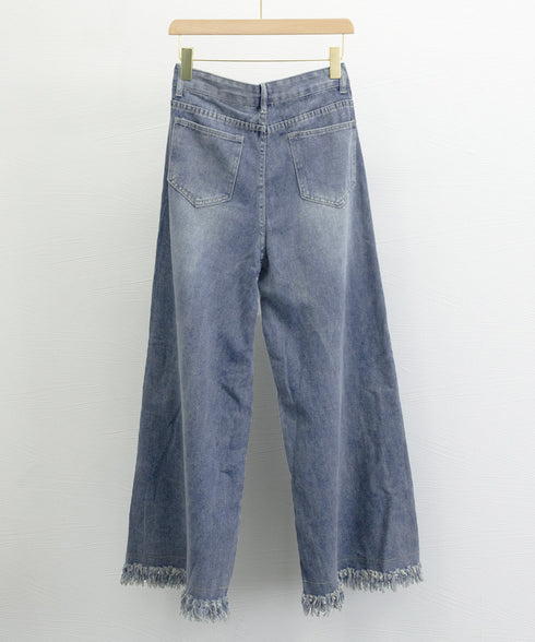 ワイドデニムパンツ 裾フリンジ ジーパン レディース ハイウエストロングパンツ 体形カバー 美脚脚長ボトムス 韓国風ジーンズ カジュアル レトロデニムバギーパンツ 6DAKUANG-002