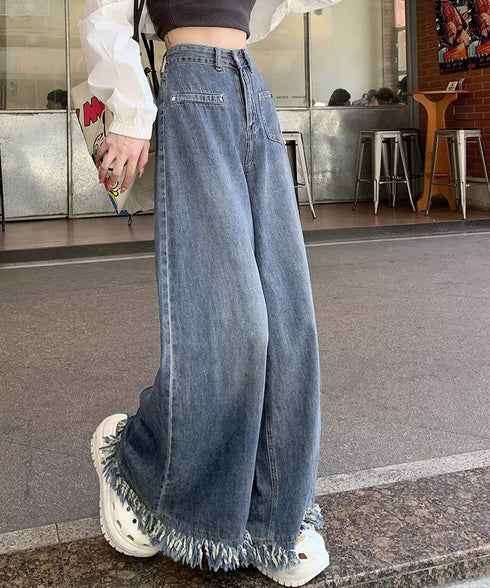 ワイドデニムパンツ 裾フリンジ ジーパン レディース ハイウエストロングパンツ 体形カバー 美脚脚長ボトムス 韓国風ジーンズ カジュアル レトロデニムバギーパンツ 6DAKUANG-002